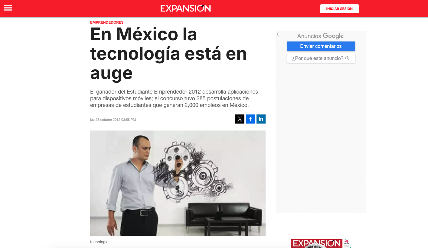 En México, la tecnología está en auge | Gerardo Sordo en Expansión reconocido por ser uno de los ganadores del “Premio Estudiante Emprendedor” por Entrepreneur Organization”